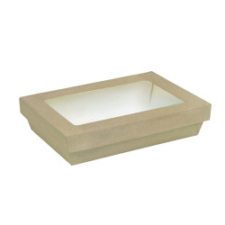 Boîte "Kray" rectangulaire carton brun avec couvercle à fenêtre PLA 1500 ml 22,5 x 15,5 x 5 cm - 50 unités