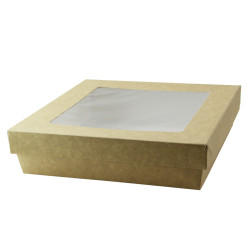 Boîte "Kray" carrée carton brun avec couvercle à fenêtre 1300 ml 20,5 x 20,5 x 5 cm - 50 unités
