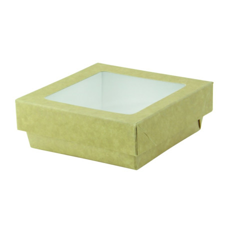 Boîte "Kray" carrée carton brun avec couvercle à fenêtre 3000 ml 26,5 x 26,5 x 5 cm - 25 unités