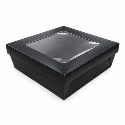 Boîte "Kray" carrée carton brun avec couvercle à fenêtre 200x200mm H65mm - 25 unités
