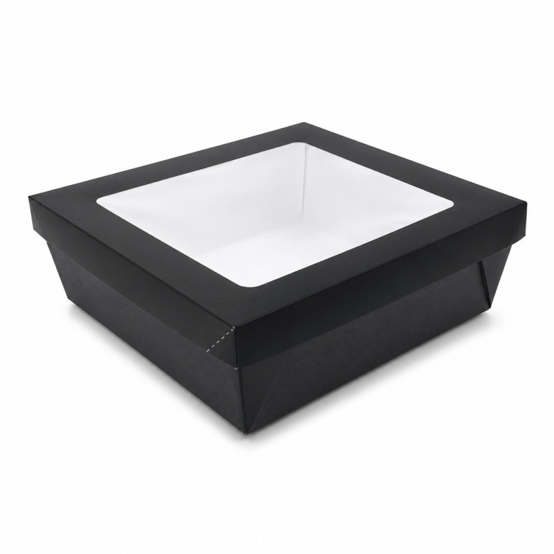 Boîte "Kray" carrée carton noir avec couvercle à fenêtre 245x245mm H80mm 4 200ml - 25 unités