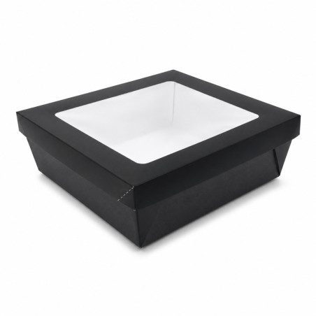 Boîte "Kray" carrée carton noir avec couvercle à fenêtre 245x245mm H80mm 4 200ml - 25 unités