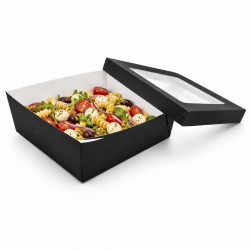 Boîte "Kray" carrée carton noir avec couvercle à fenêtre 245x245mm H80mm 4 200ml - 25 unités