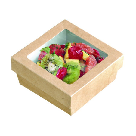 Boîte "Kray" carrée carton brun avec couvercle à fenêtre en PLA 500 ml 13,5 x 13,5 x 5 cm - 25 unités