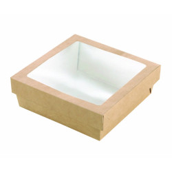 Boîte "Kray" carrée carton brun avec couvercle à fenêtre en PLA 700 ml 15,5 x 15,5 x 5 cm - 25 unités