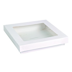 Boîte "Kray" carrée carton blanc avec couvercle à fenêtre en PLA 700 ml 15,5 x 15,5 x 5 cm - 25 unités