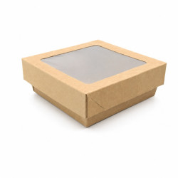 Boite Kray carrée carton brun avec couvercle à fenêtre 350ml 115x115, H50 mm - 25 unités
