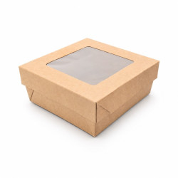 Boite Kray carrée carton brun avec couvercle à fenêtre 135x135, H50 mm - 25 unités