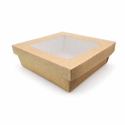 Boîte "Kray" carrée carton brun avec couvercle à fenêtre 200x200x65mm - 25 unités