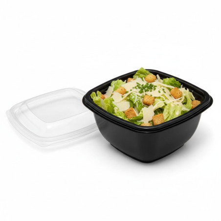 Saladier PET carré noir avec couvercle  130x130mm H60mm 480ml - 25 unités