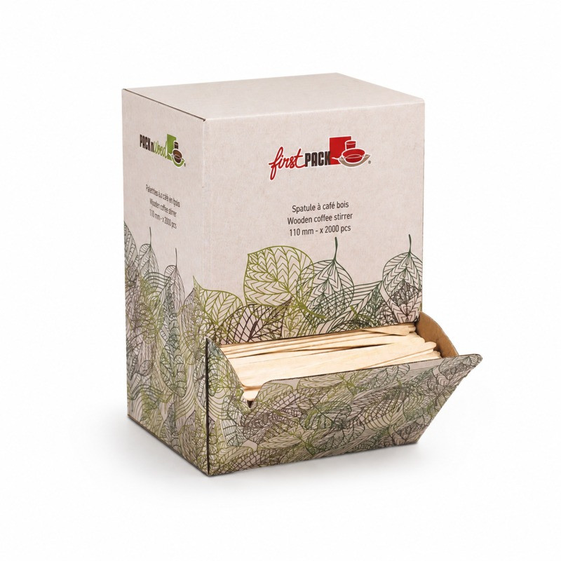 Spatule à café bois à bouts arrondis en boite distributrice 0,5 x 11 cm - 2000 unités
