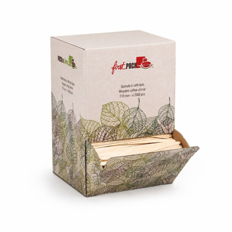 Spatule à café bois à bouts arrondis en boite distributrice 0,5 x 11 cm - 2000 unités