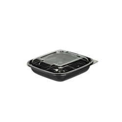 Saladier PET carré noir avec couvercle 750 ml 19 x 19 x 4,5 cm - 150 unités