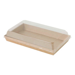 Barquette sushi kraft avec couv transp pet  - 22 cm x 13,5 cm x 2,5 cm - 50 unités