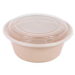 Bol reemp beige pp imprimé avec couvercle transparent   - 1200 ml - 18,2 cm x 18,2 cm x 8,2 cm. - 50 unités