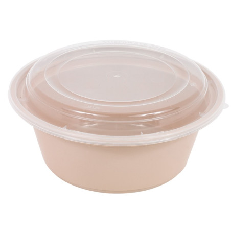 Bol reemp beige pp imprimé avec couvercle transparent   - 1200 ml - 18,2 cm x 18,2 cm x 8,2 cm. - 50 unités