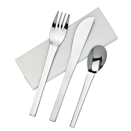 Kit couverts inox 4/1: couteau fourchette cuillère serviette 16 cm - 50 unités