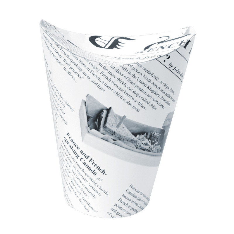 Gobelet snack refermable perforé carton blanc décor journal 350 ml Diam: 8,6 cm 8,6 x 6 x 13,9 cm - 50 unités