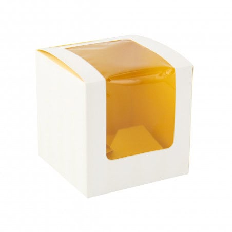 Boîte carton cup cake à fenêtre avec insert jaune (pour 1 pièce) Par 50 unités L: 8,5 cm x l: 8,5 cm x H: 8,5 cm x P: 17,66 g Boîte carton cup cake à fenêtre avec insert jaune (pour 1 pièce) Par 50 unités L: 8,5 cm x l: 8,5 cm x H: 8,5 cm x P: 17,66 g