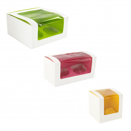 Boîte carton cup cake à fenêtre avec insert jaune (pour 1 pièce) Par 50 unités L: 8,5 cm x l: 8,5 cm x H: 8,5 cm x P: 17,66 g