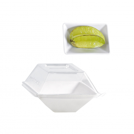 Assiette rectangulaire blanche en pulpe "Eco-Design" Par 50 unités L: 13 cm x l: 8,5 cm x H: 2,8 cm x P: 6,5 g