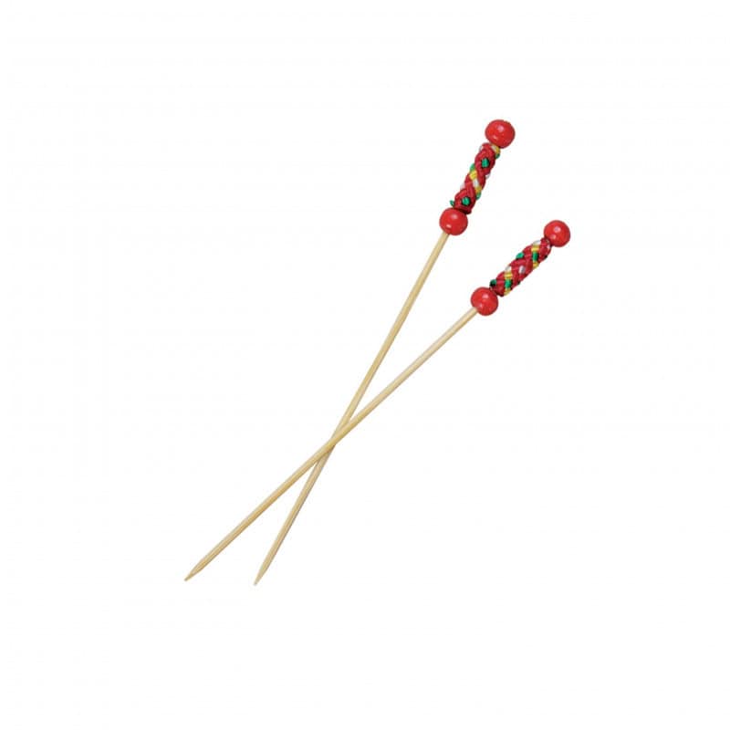 Pique bambou perles nature décor rouge "Fuji" Par 100 unités H: 11,2 cm x P: 0,7 g