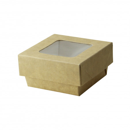 Boîte "Kray" carrée carton brun avec couvercle à fenêtre Par 25 unités L: 8,5 cm x l: 8,5 cm x H: 4 cm x P: 10,08 g