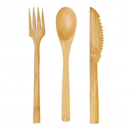 Kit couverts bambou 3/1: couteau fourchette cuillère, emballage transparent Par 50 unités H: 16 cm x P: 20 g Kit couverts bambou 3/1: couteau fourchette cuillère, emballage transparent Par 50 unités H: 16 cm x P: 20 g