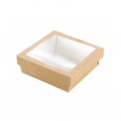 Boîte "Kray" carrée carton brun avec couvercle à fenêtre Par 25 unités L: 15,5 cm x l: 15,5 cm x H: 5 cm x P: 32,34 g