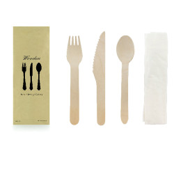 Kit couverts bois 4/1: couteau fourchette cuillère serviette, emballage kraft Par 50 unités L: 21,275 cm x l: 7,5 cm x P: 13 g