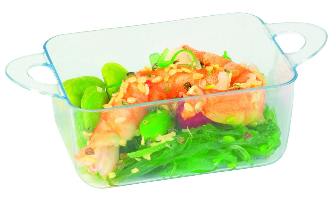 Mise en bouche plastique PS vert rectangulaire transparente avec anses et couvercle 75 ml 9,6 cm x 5 cm x 3,5 cm - 24 unités