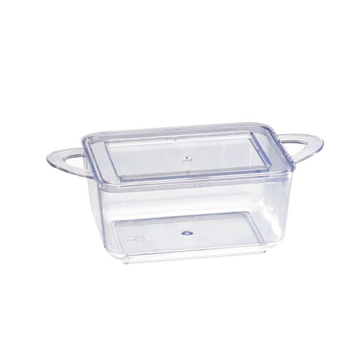 Mise en bouche plastique PS vert rectangulaire transparente avec anses et couvercle 75 ml 9,6 cm x 5 cm x 3,5 cm - 24 unités