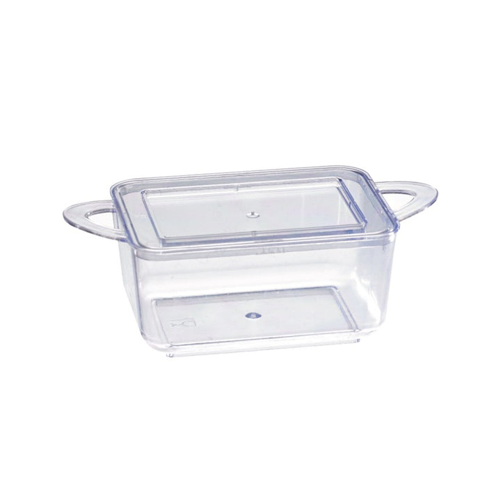 Mise en bouche plastique PS vert rectangulaire transparente avec anses et couvercle 75 ml 9,6 cm x 5 cm x 3,5 cm - 24 unités