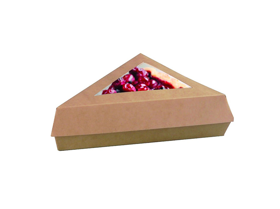 Boîte pâtissière triangulaire carton brun avec couvercle à fenêtre 15,5 cm x 13 cm x 4,5 cm - 50 unités
