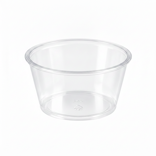 Pot à sauce rond en plastique PET transparent - 100 ml - Ø 7,4 cm - H 3,5 cm - 125 unités