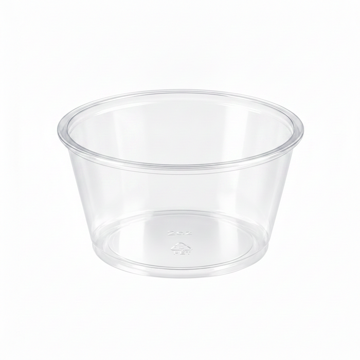 Pot à sauce rond en plastique PET transparent - 100 ml - Ø 7,4 cm - H 3,5 cm - 125 unités