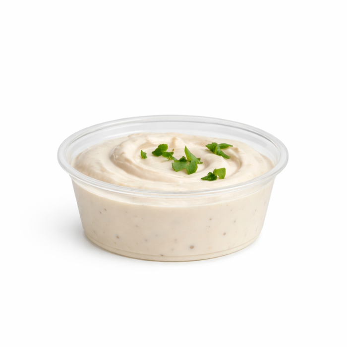 Pot à sauce rond en plastique PET transparent - 100 ml - Ø 7,4 cm - H 3,5 cm - 125 unités