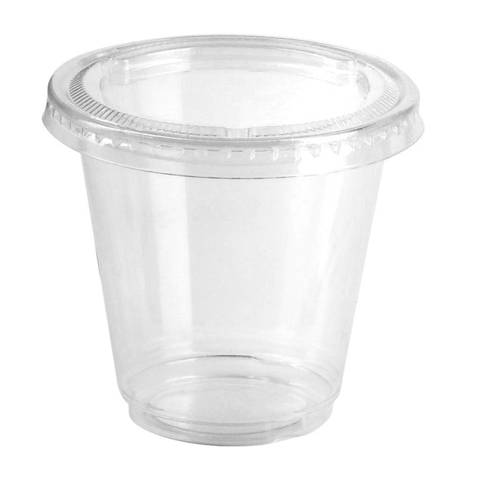 Pot dessert PP transparent avec couvercle PET plat 165 ml - Ø 7,4 cm - H 6,2 cm - 50 unités