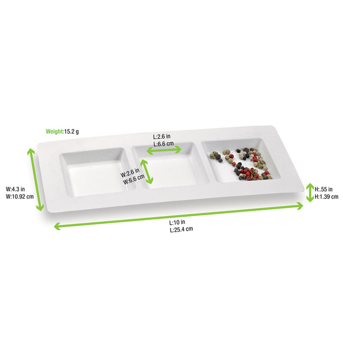 Assiette rectangulaire blanche en pulpe à 3 compartiments - 26 cm x 11 cm - 50 unités