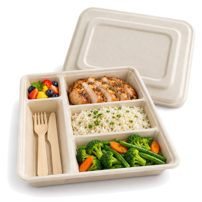 Couvercle en pulpe pour plateau repas 5 compartiments - 28,6 cm x 22,5 cm x 1,45 cm - en situation