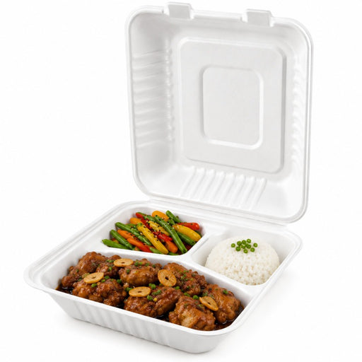 Coquille blanche pulpe 3 compartiments 22 cm x 20,2 cm H 8 cm - 50 unités