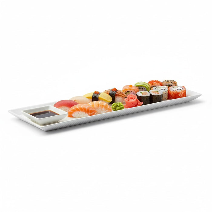 Assiette rectangulaire blanche en pulpe "BioNChic"  - 27 cm x 9 cm - 100 unités