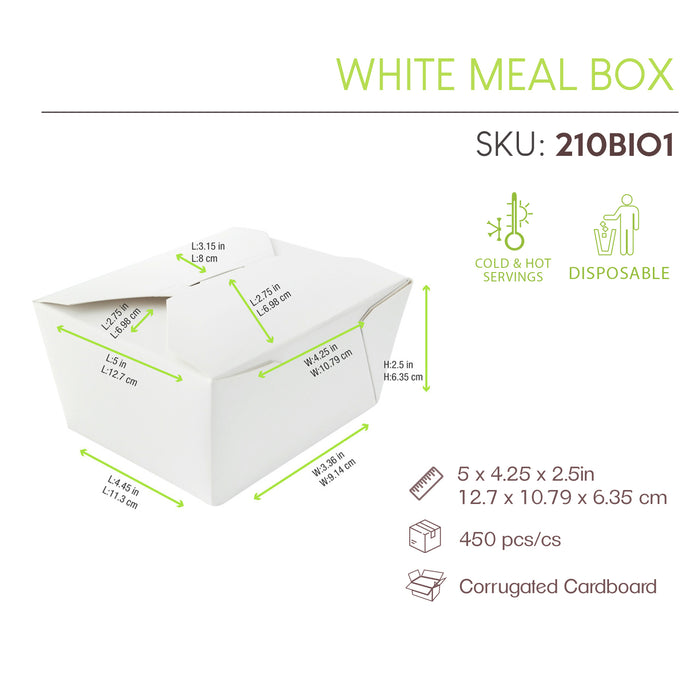 Boîte repas carton blanc - 750 ml - 13 cm x 10,5 cm x 6,5 cm - 25 unités