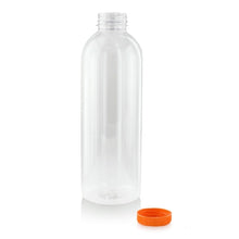 Bouteille plastique PET transparente avec bouchon attaché orange - 1000 ml - Ø 8,3 cm - H 24 cm - 74 unités