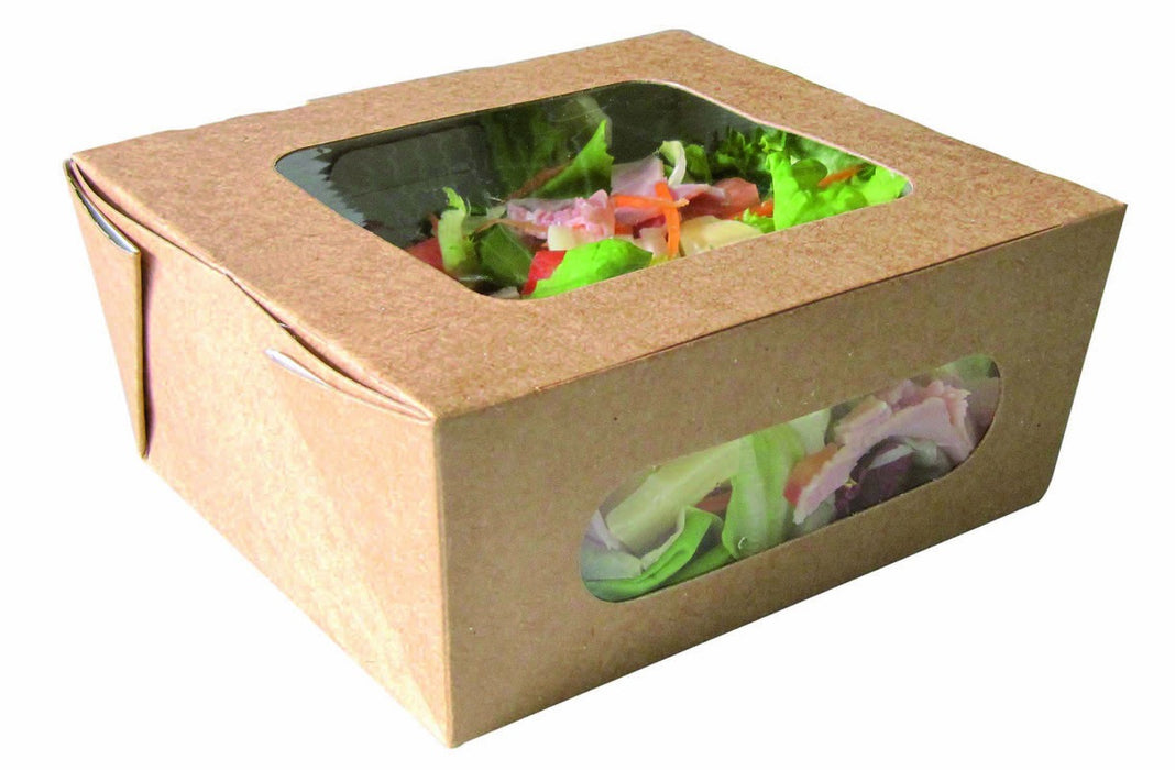 Boîte salade carton kraft brun à double fenêtre 1250 ml 15,9 cm x 13,6 cm x 6,5 cm - 30 unités