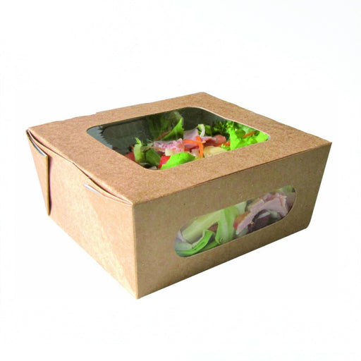 Boîte salade carton kraft brun à double fenêtre PLA 1100 ml 15,2 cm x 13,5 cm x 6,5 cm - 50 unités