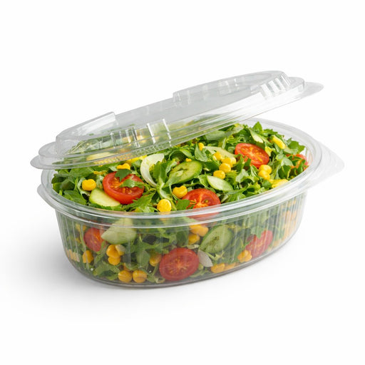 Barquette plastique PET transparente ovale avec couvercle attaché 25,5 cm x 16 cm H 11 cm 2000ml - 280 unités