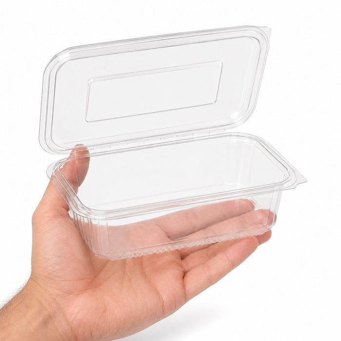 Barquette en PET transparent avec couvercle à charnière - 125 ml - 10,3 cm x 8,7 cm x 3,4 cm - en main