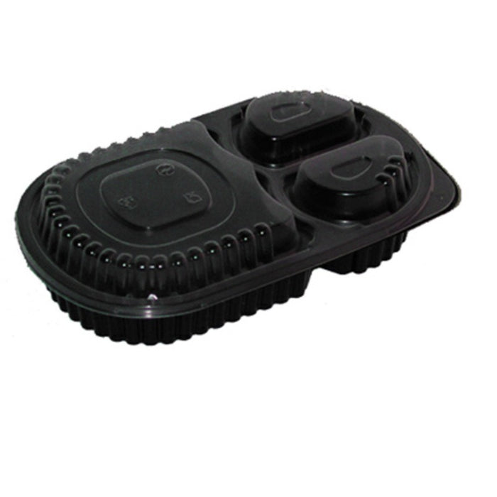 Boite repas plastique PP noire 3 compartiments 23,5 cm x 14,5 cm H 4 cm 780ml - 400 unités