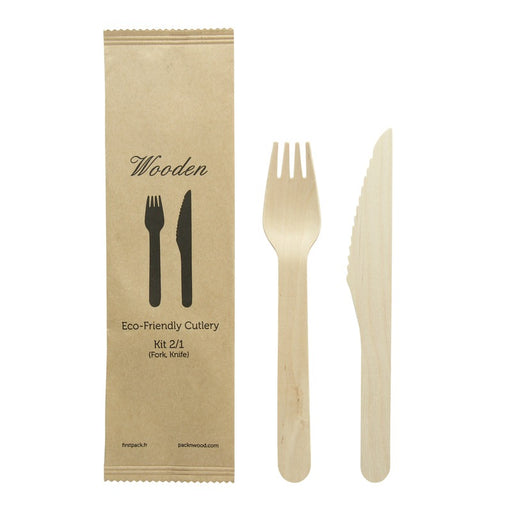 Kit couverts bois 2 / 1: couteau fourchette, emballage kraft  16,5 cm - 50 unités